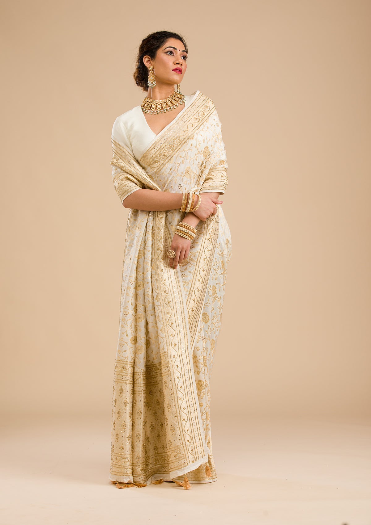 Off White Zariwork Banarasi Silk Saree-Koskii