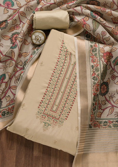 Off White Zariwork Cotton Unstitched Salwar Suit-Koskii