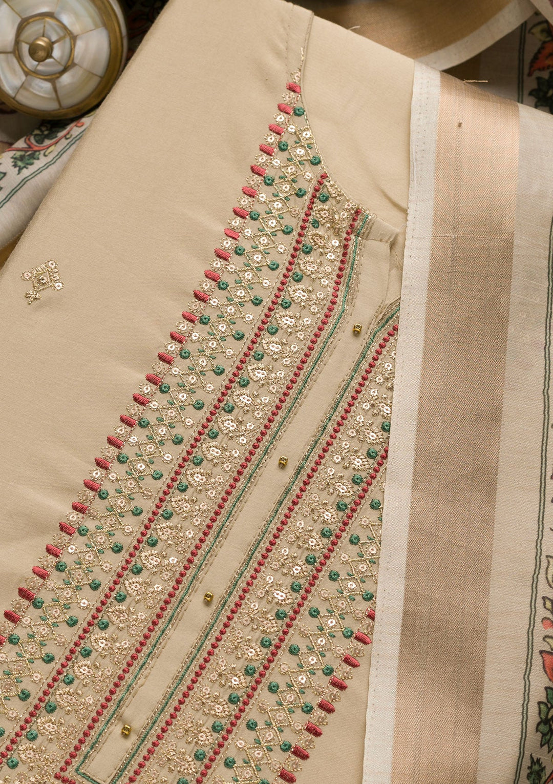 Off White Zariwork Cotton Unstitched Salwar Suit-Koskii