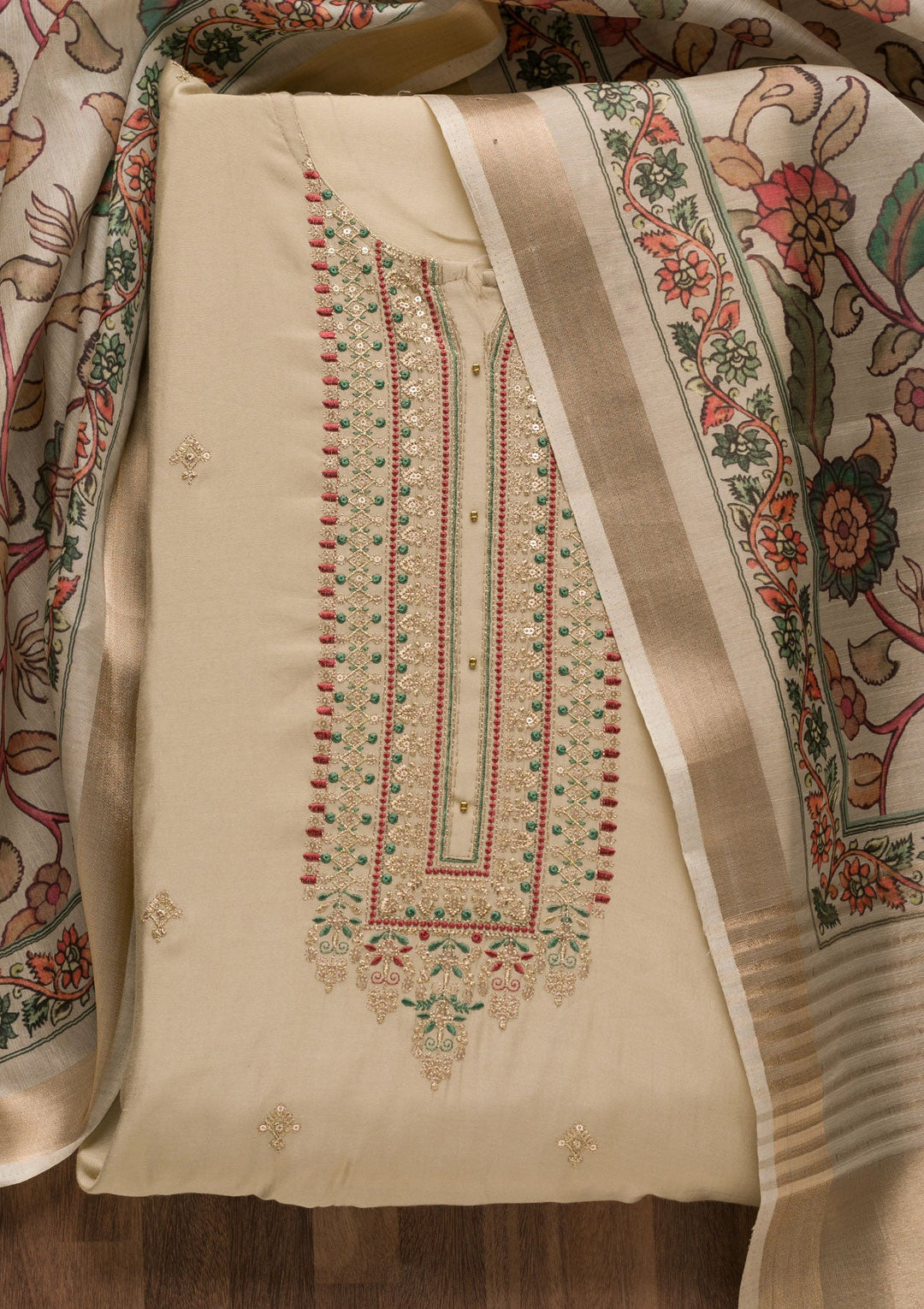 Off White Zariwork Cotton Unstitched Salwar Suit-Koskii