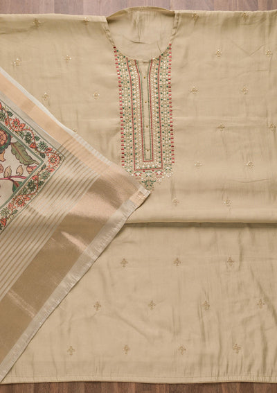 Off White Zariwork Cotton Unstitched Salwar Suit-Koskii