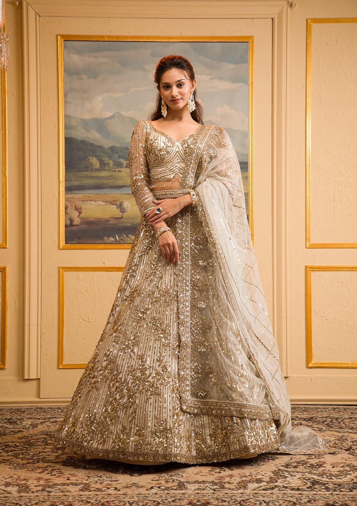 Off White Zariwork Net Readymade Lehenga-Koskii