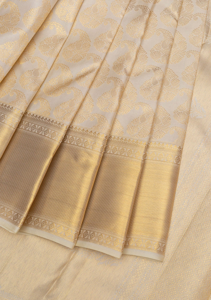 Off White Gold Zariwork Pure Silk Saree - Koskii
