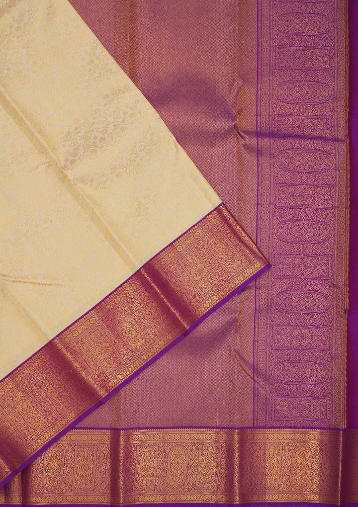 Off White Zariwork Pure Silk Saree-Koskii