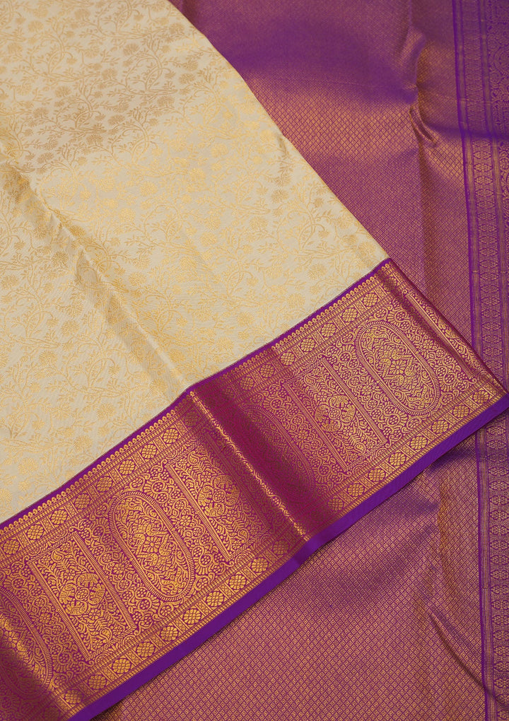 Off White Zariwork Pure Silk Saree-Koskii