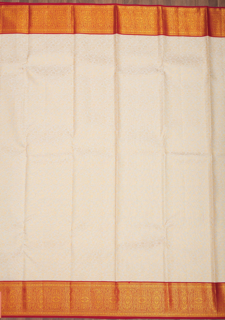 Off White Zariwork Pure Silk Saree-Koskii