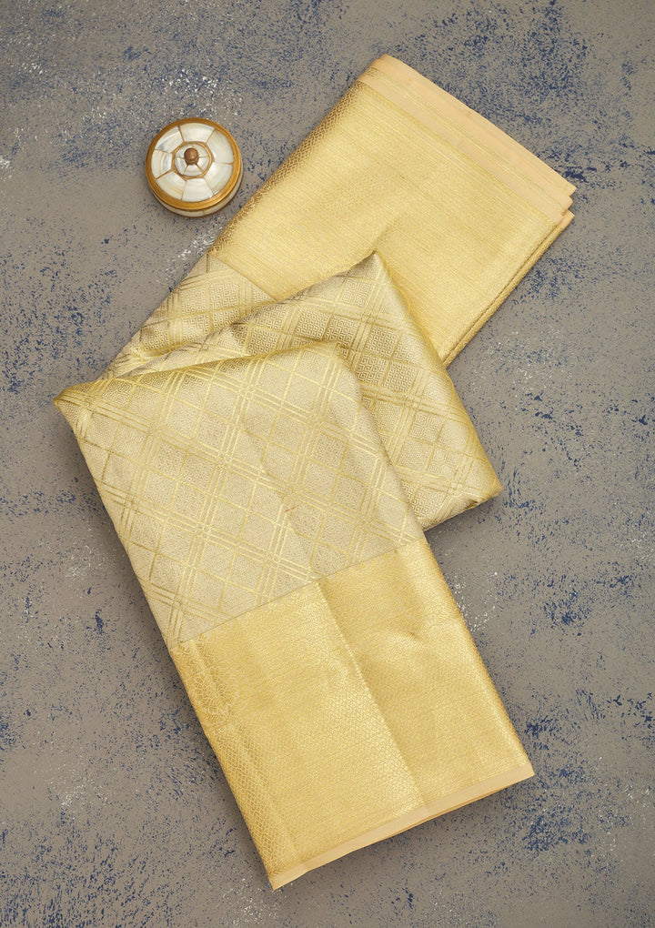 Off White Zariwork Pure Silk Saree-Koskii