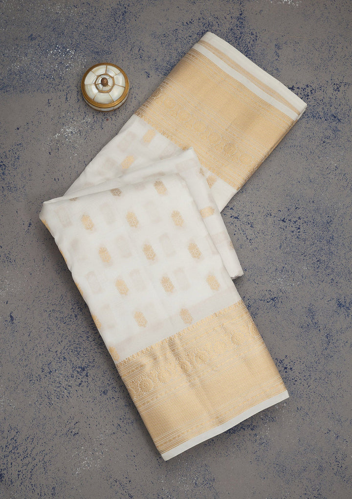 Off White Zariwork Pure Silk Saree-Koskii