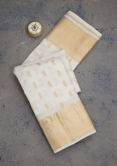Off White Zariwork Pure Silk Saree-Koskii