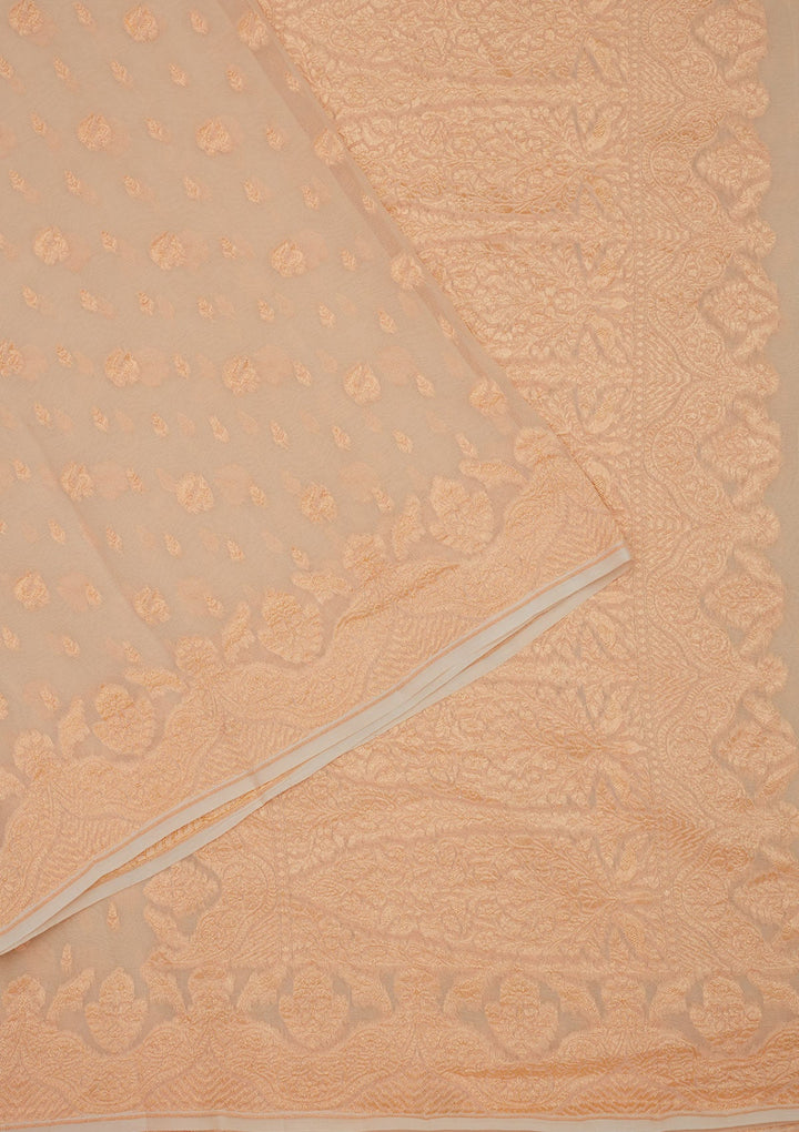 Off White Zariwork Pure Silk Saree-Koskii