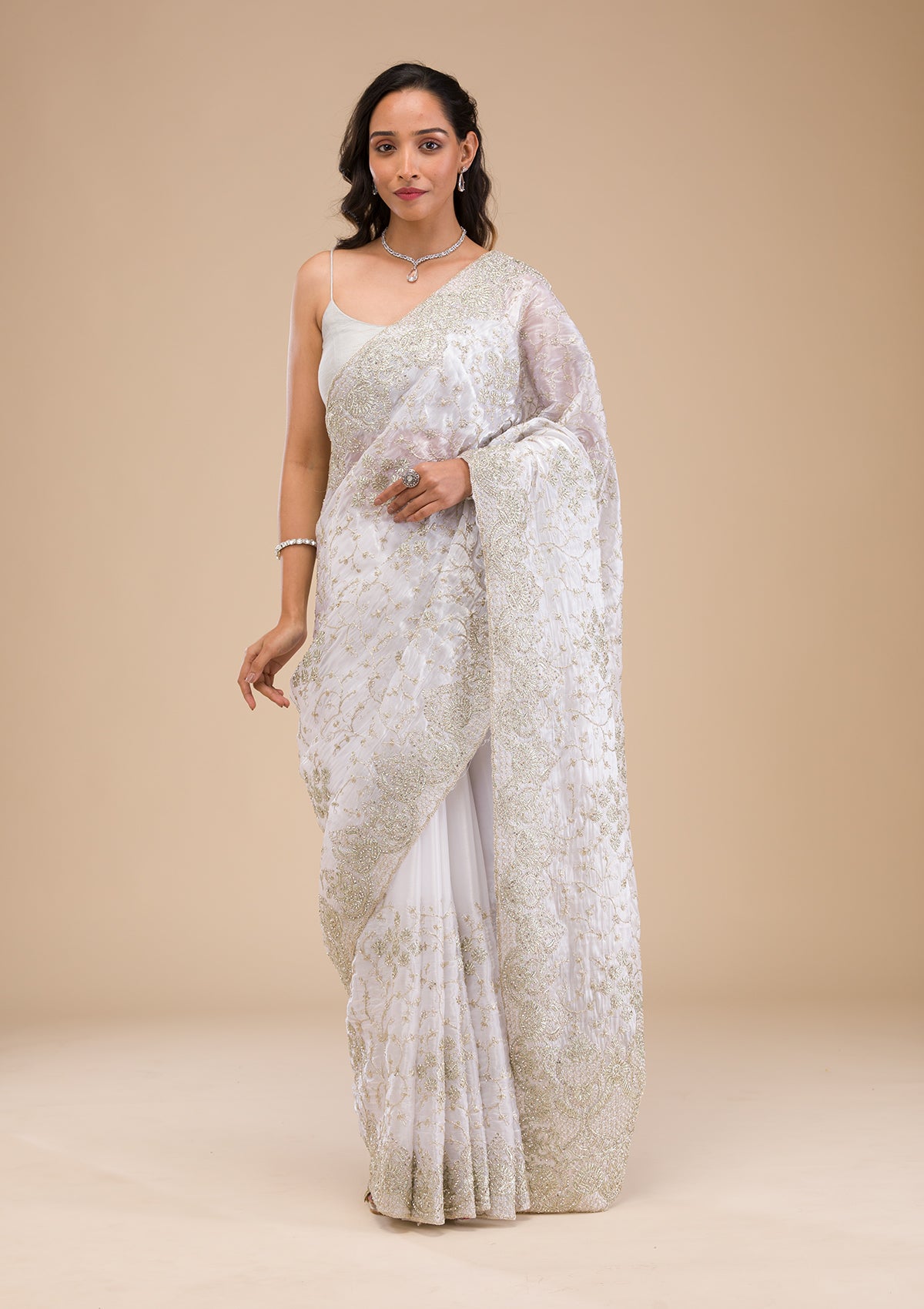 Off White Zariwork Tissue Saree-Koskii