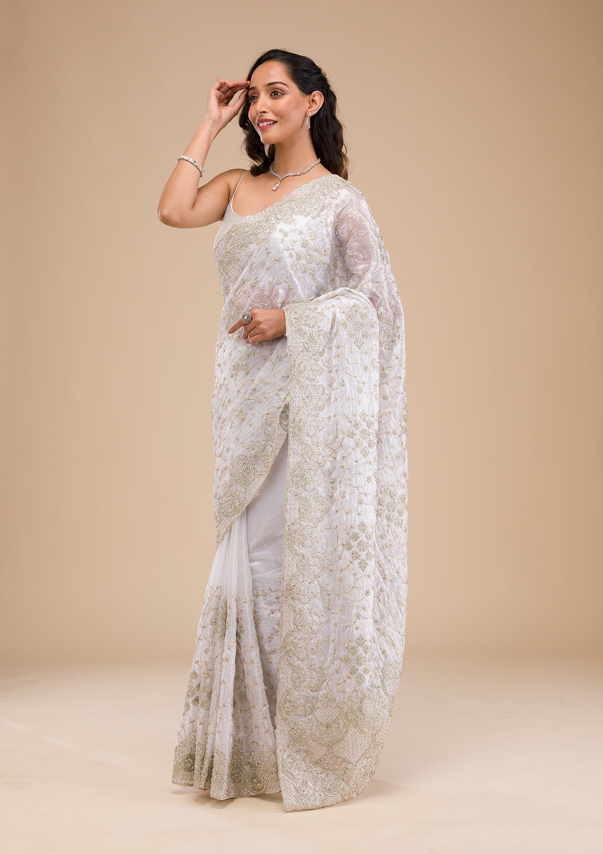 Off White Zariwork Tissue Saree-Koskii