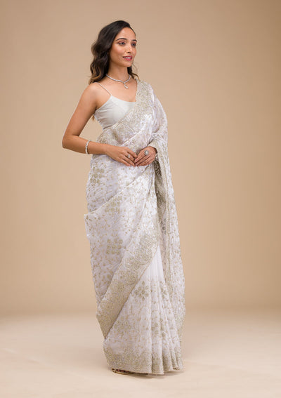 Off White Zariwork Tissue Saree-Koskii