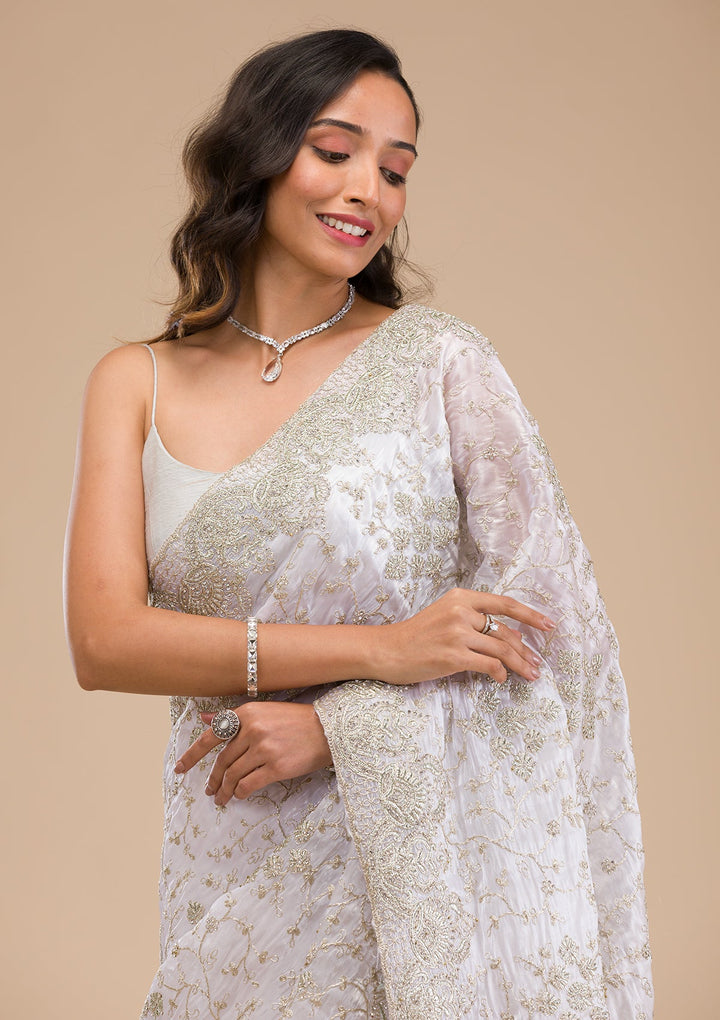 Off White Zariwork Tissue Saree-Koskii
