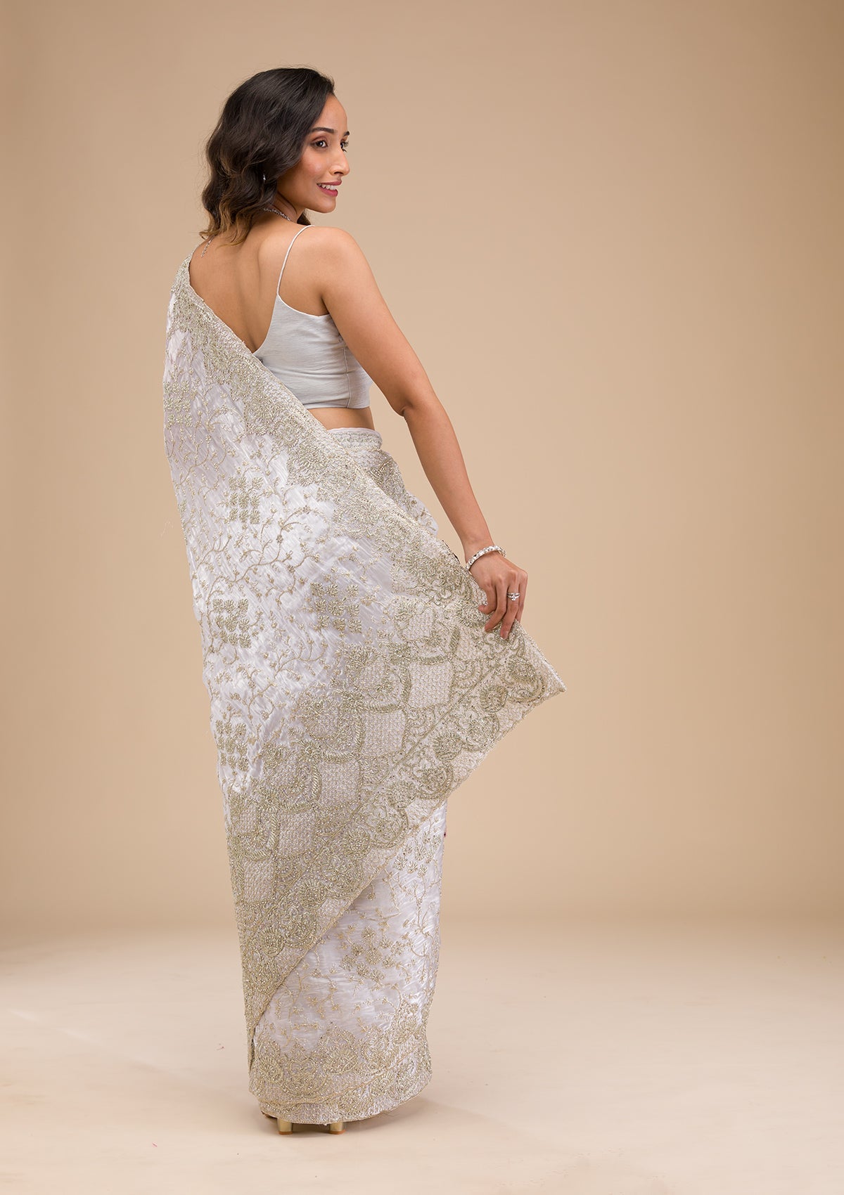 Off White Zariwork Tissue Saree-Koskii