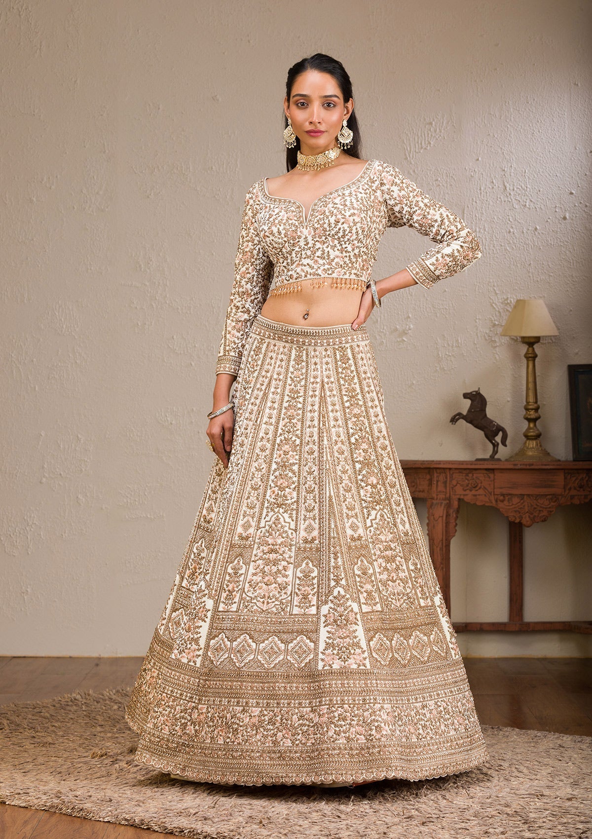 Off White Zariwork Velvet Readymade Lehenga-Koskii