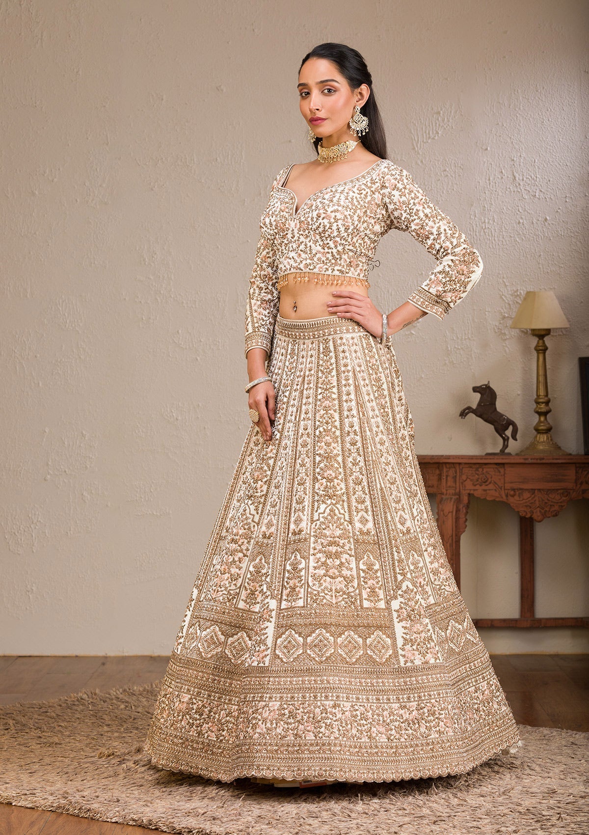 Off White Zariwork Velvet Readymade Lehenga-Koskii