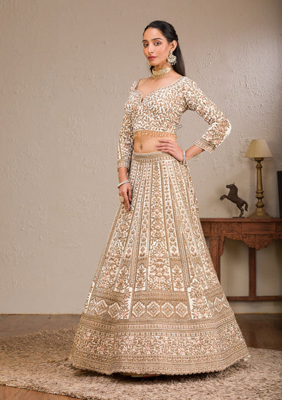 Off White Zariwork Velvet Readymade Lehenga-Koskii