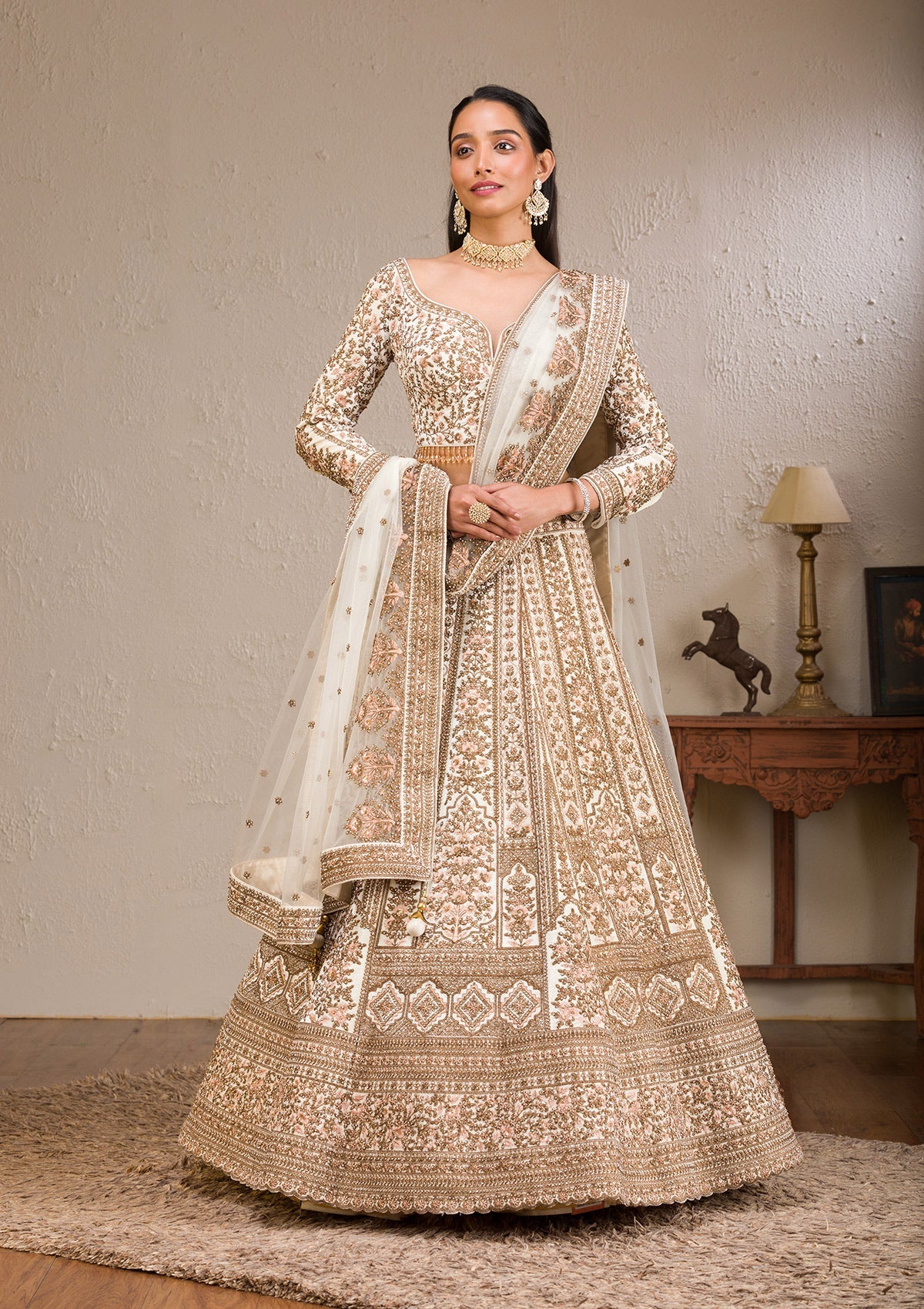 Off White Zariwork Velvet Readymade Lehenga-Koskii