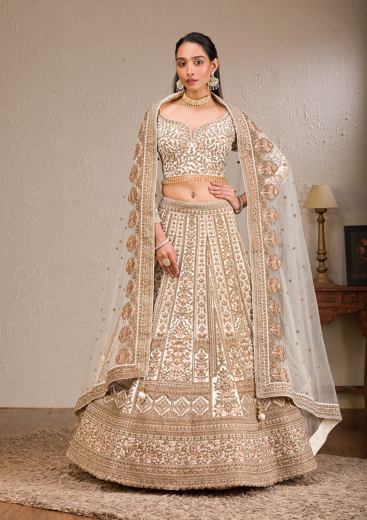 Off White Zariwork Velvet Readymade Lehenga-Koskii