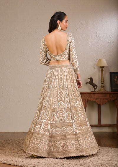 Off White Zariwork Velvet Readymade Lehenga-Koskii