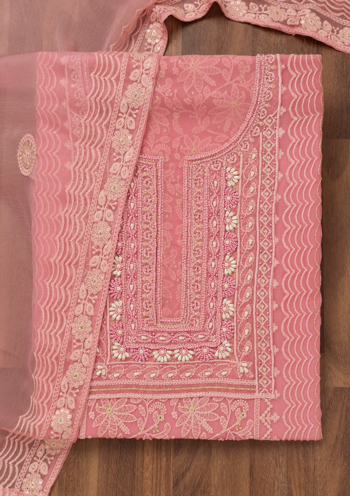 Onion Pink Chikankari Georgette Unstitched Salwar Suit