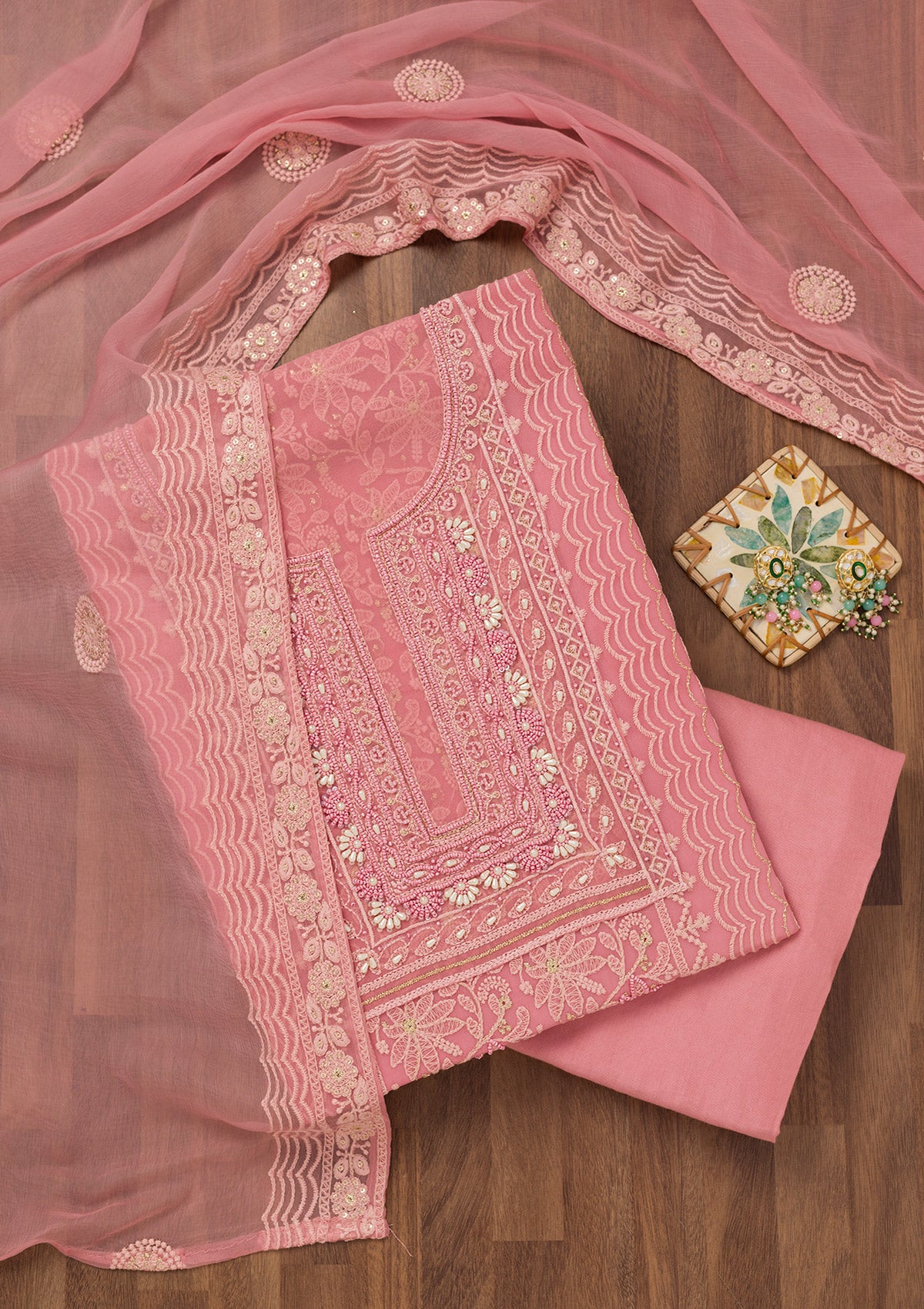 Onion Pink Chikankari Georgette Unstitched Salwar Suit