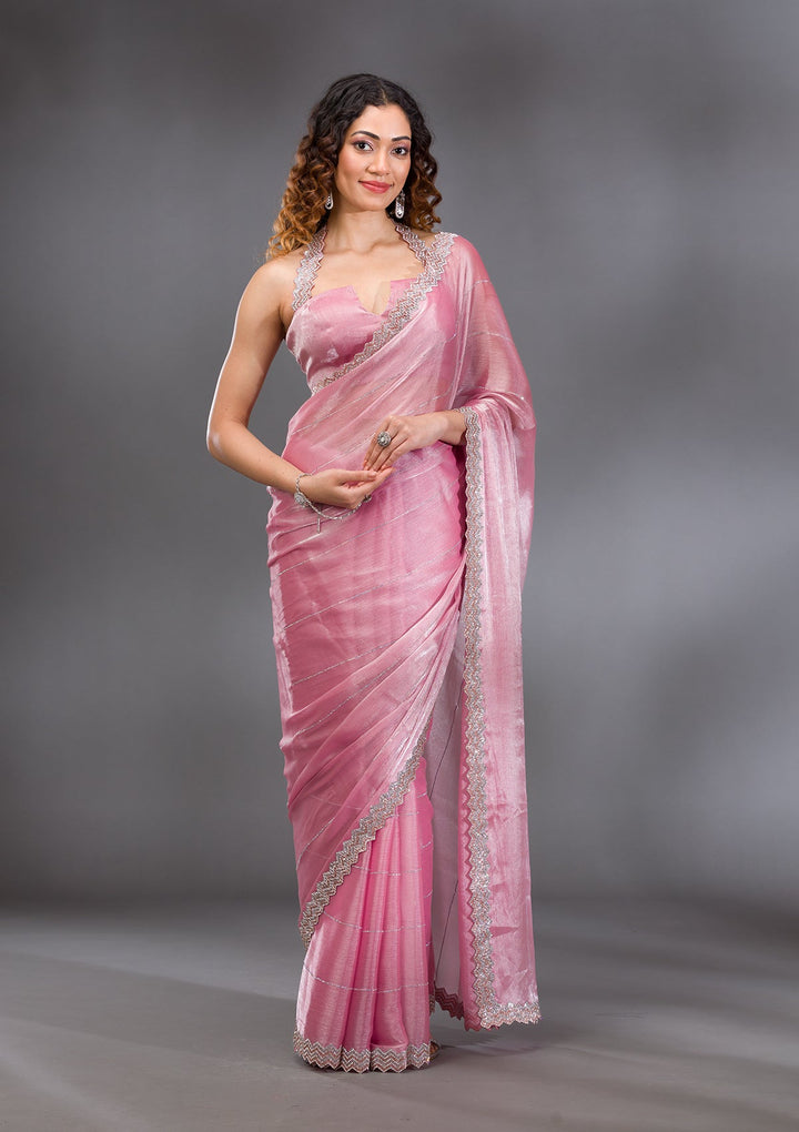 Onion Pink Silver Stonework Satin Saree-Koskii