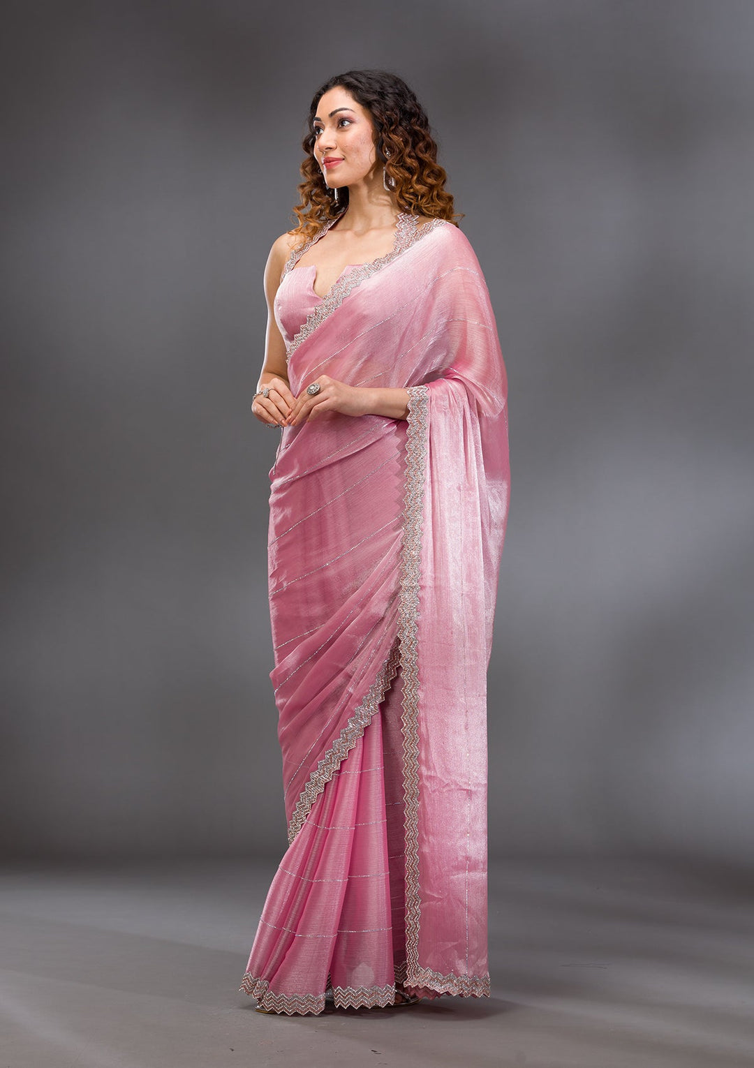 Onion Pink Silver Stonework Satin Saree-Koskii