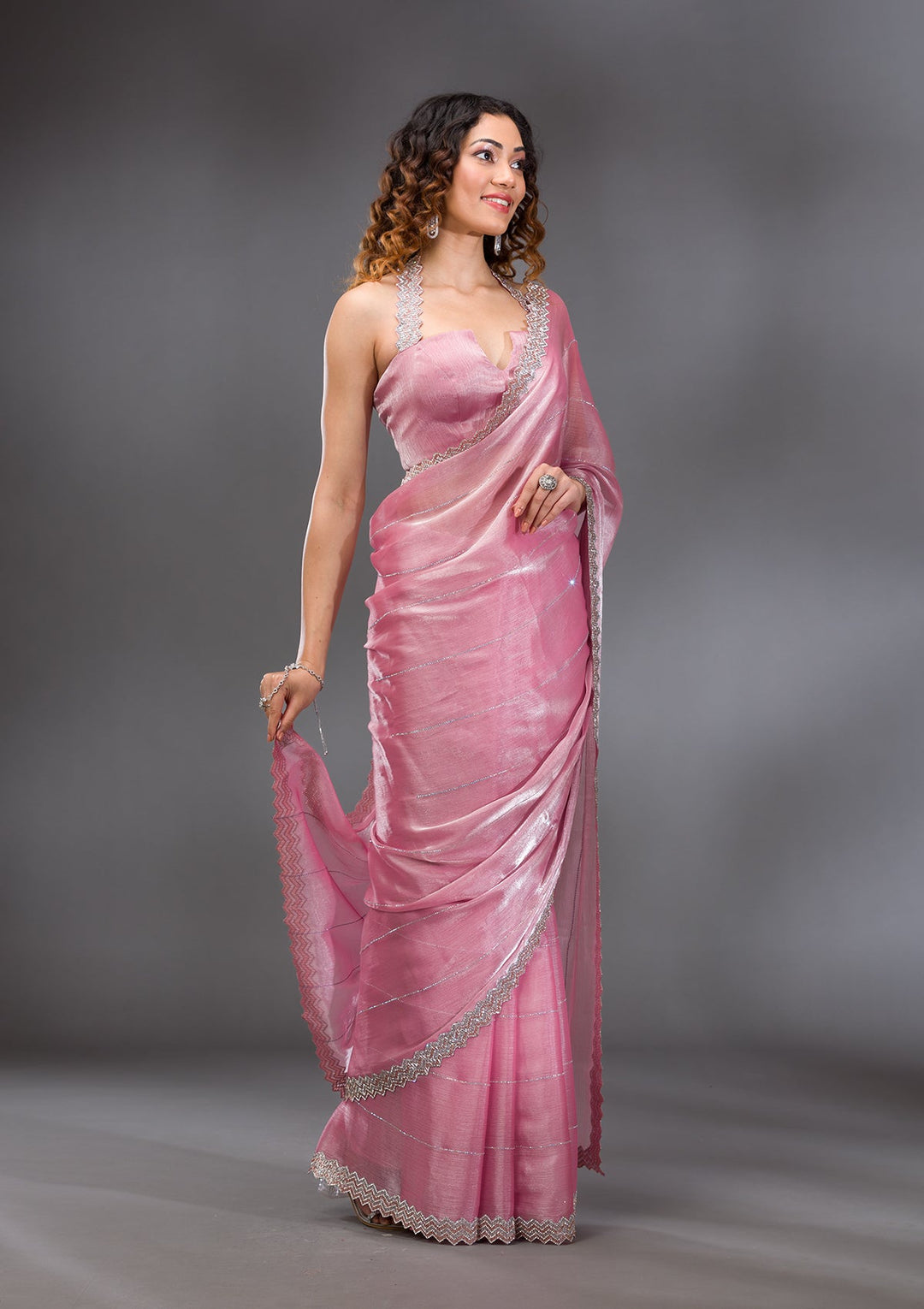 Onion Pink Silver Stonework Satin Saree-Koskii