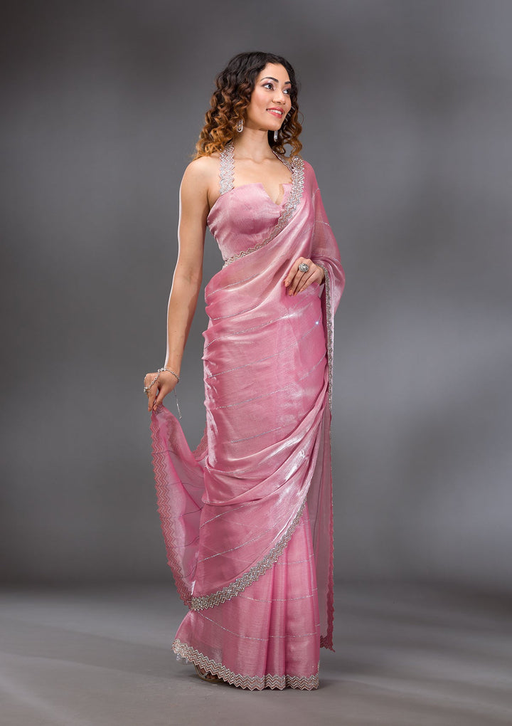 Onion Pink Silver Stonework Satin Saree-Koskii