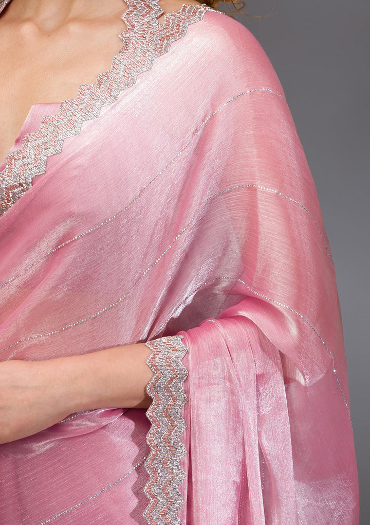 Onion Pink Silver Stonework Satin Saree-Koskii