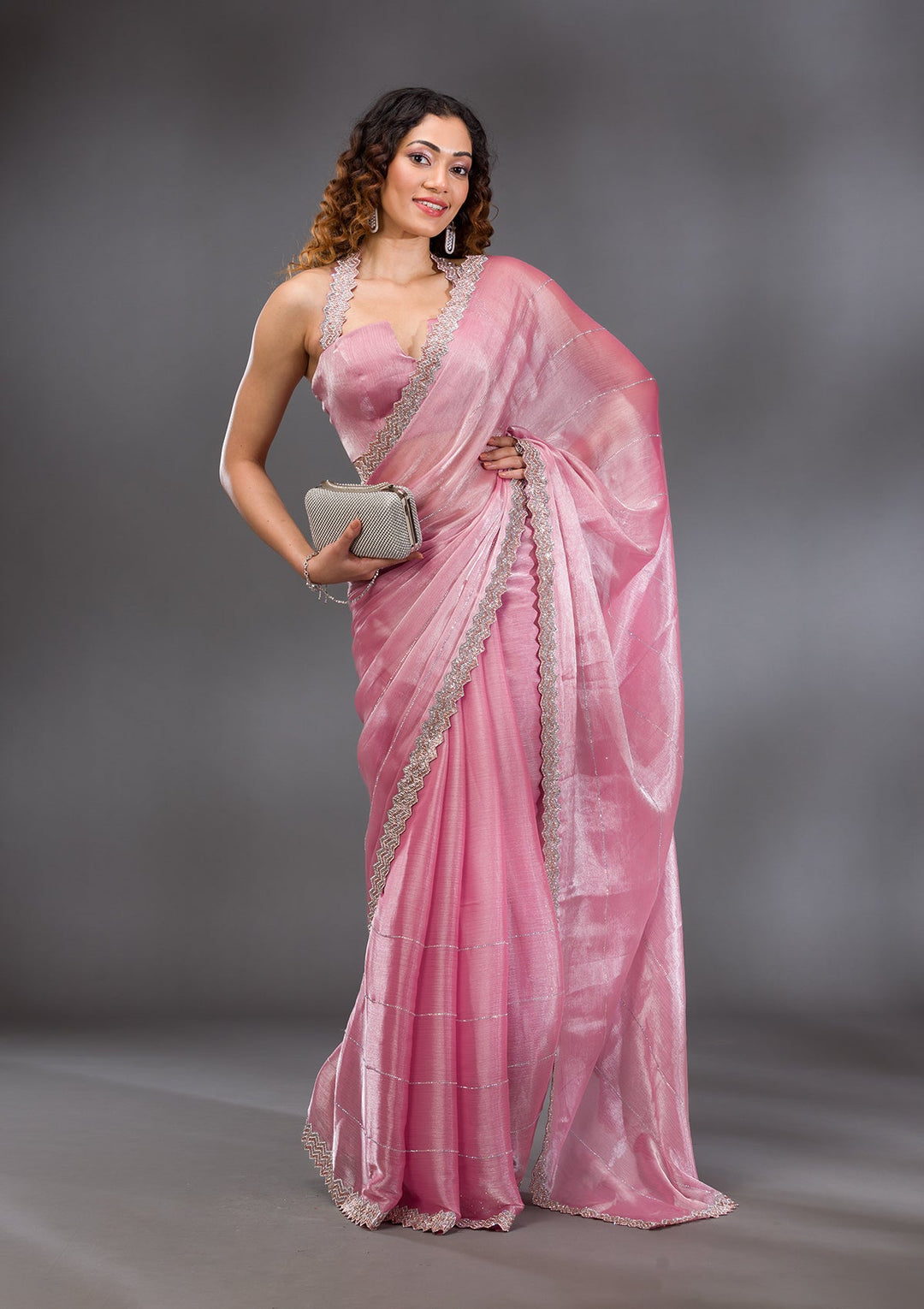 Onion Pink Silver Stonework Satin Saree-Koskii
