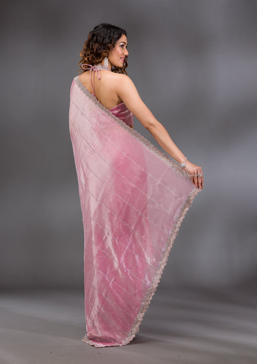 Onion Pink Silver Stonework Satin Saree-Koskii