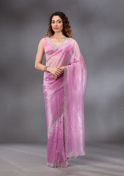 Onion Pink Stonework Tissue Saree-Koskii