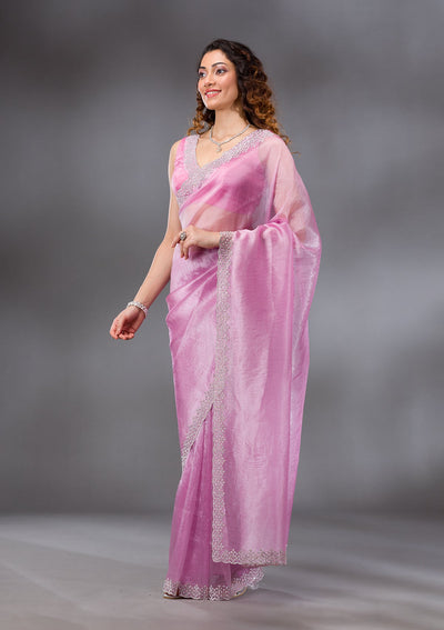 Onion Pink Stonework Tissue Saree-Koskii