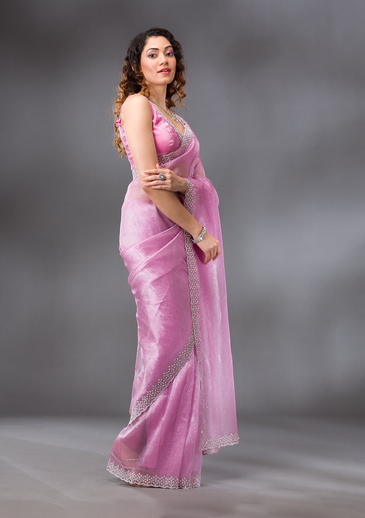 Onion Pink Stonework Tissue Saree-Koskii