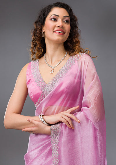 Onion Pink Stonework Tissue Saree-Koskii