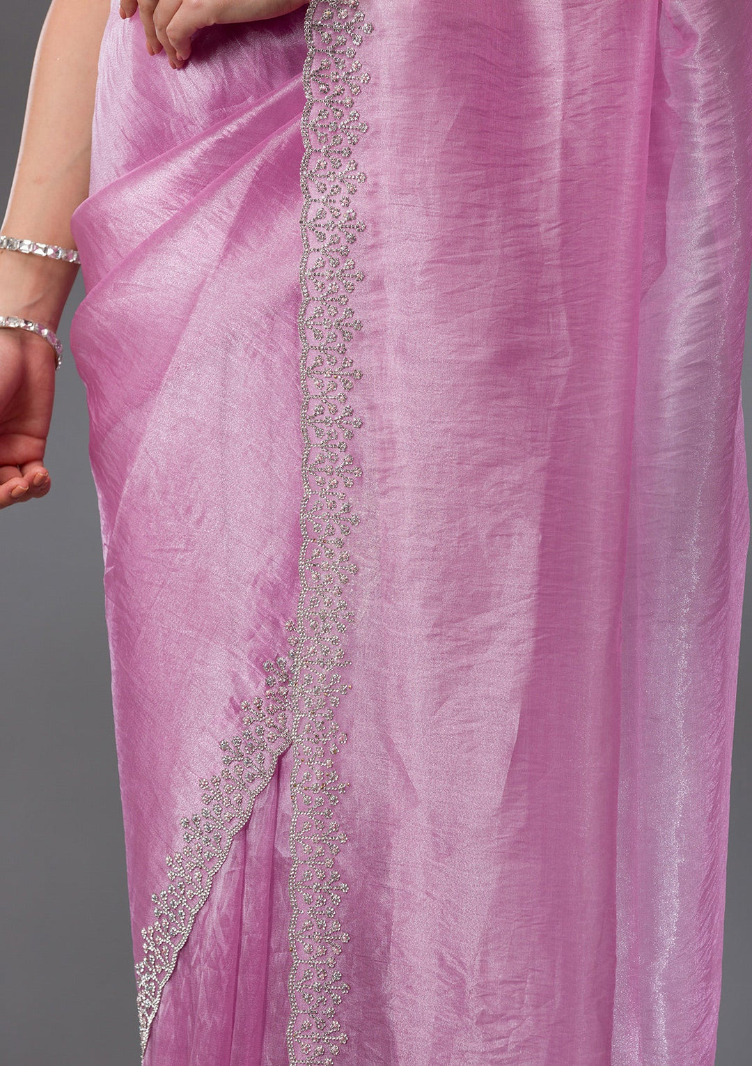 Onion Pink Stonework Tissue Saree-Koskii