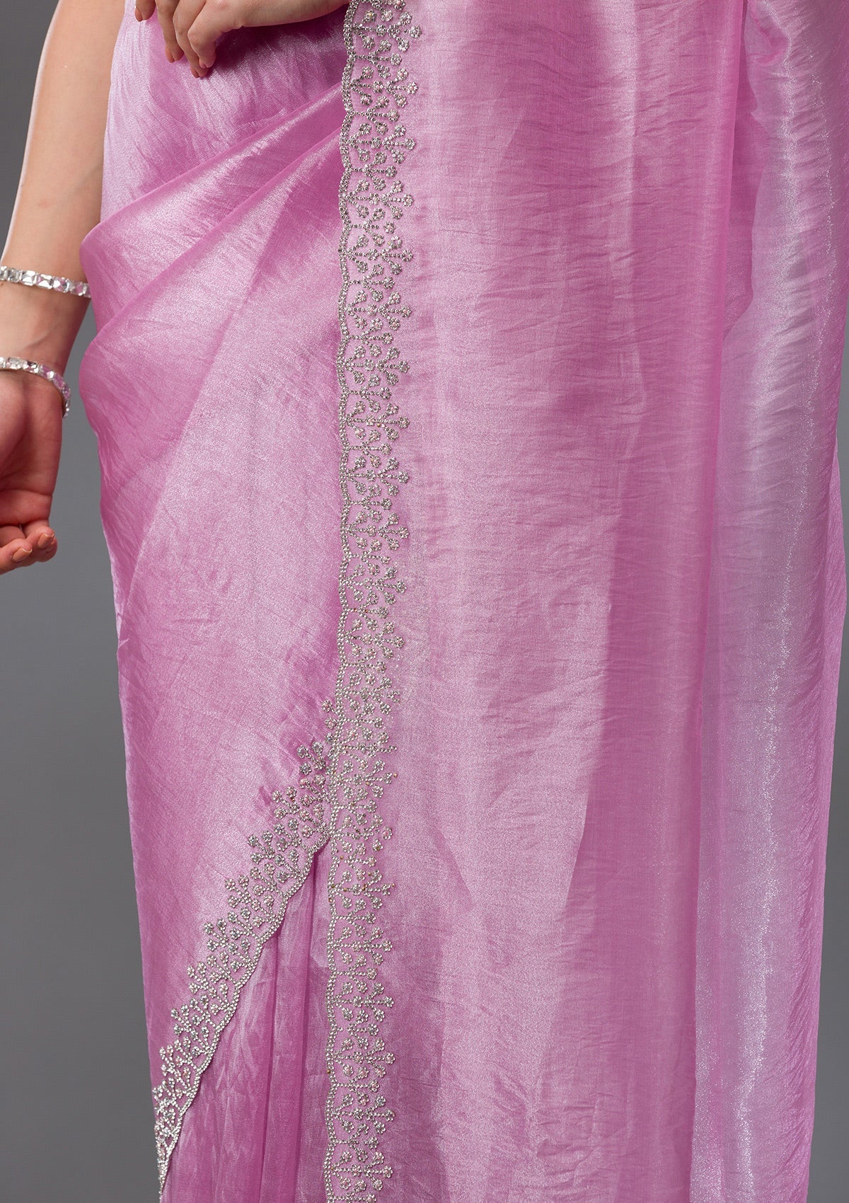 Onion Pink Stonework Tissue Saree-Koskii