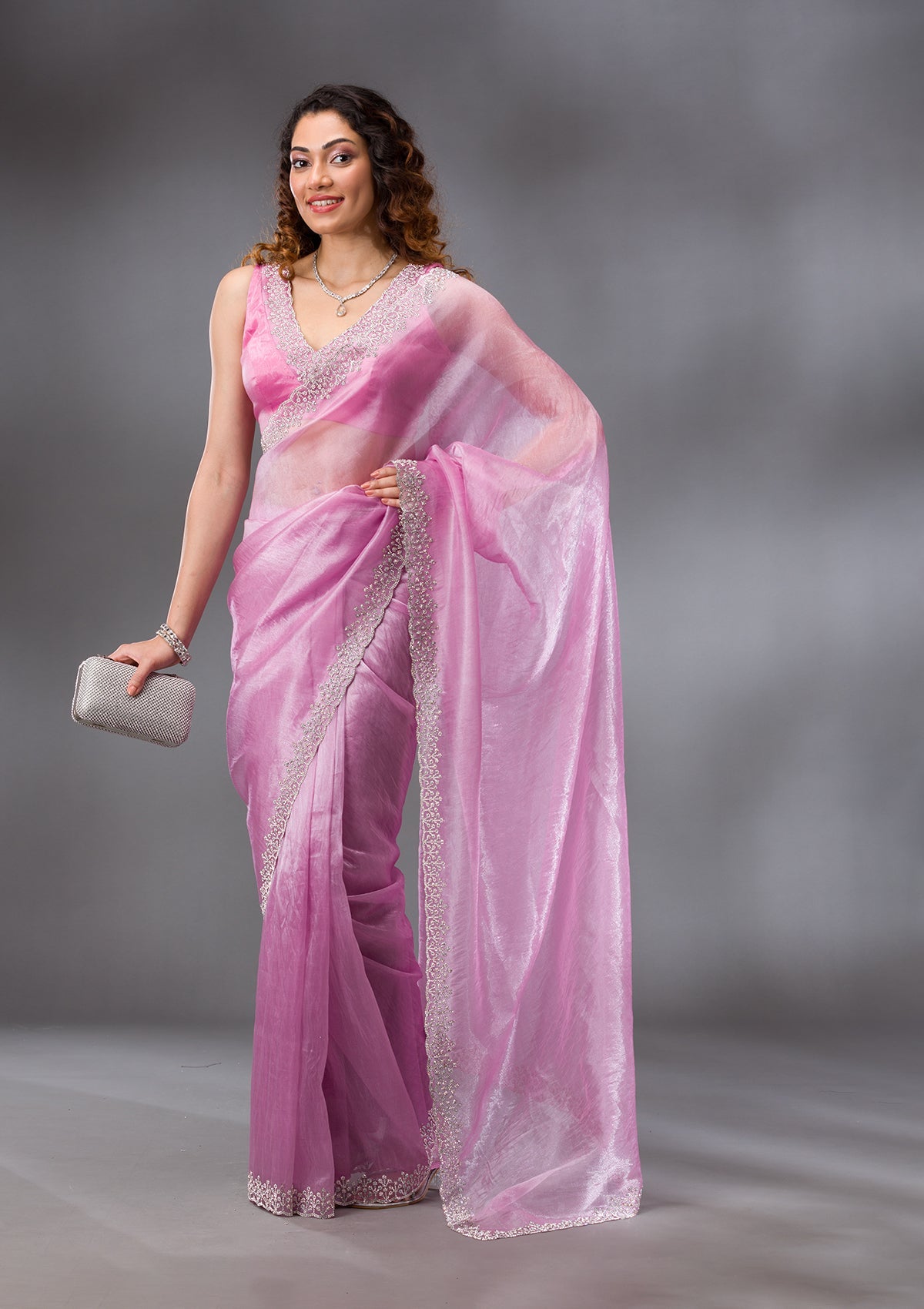 Onion Pink Stonework Tissue Saree-Koskii