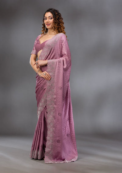 Onion Pink Swarovski Satin Saree-Koskii