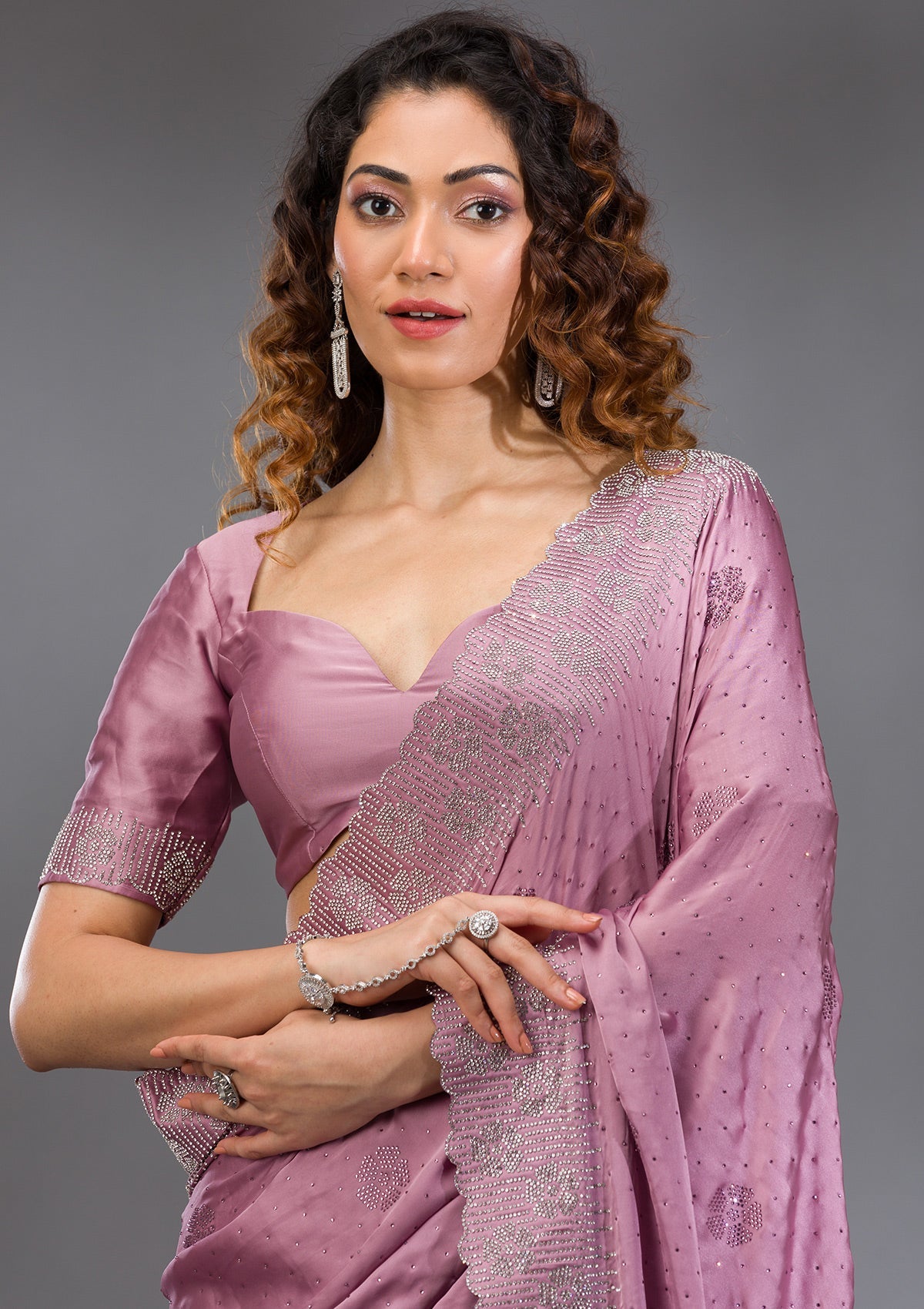 Onion Pink Swarovski Satin Saree-Koskii