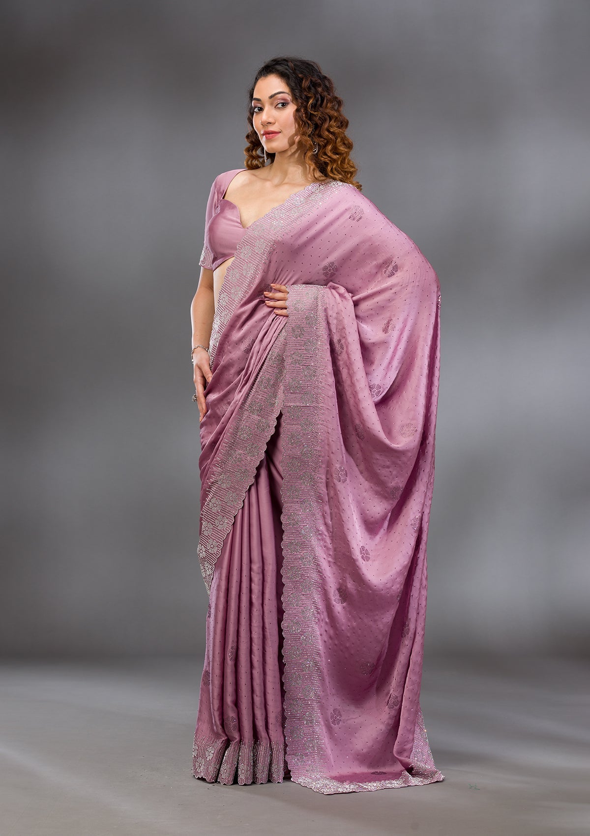 Onion Pink Swarovski Satin Saree-Koskii