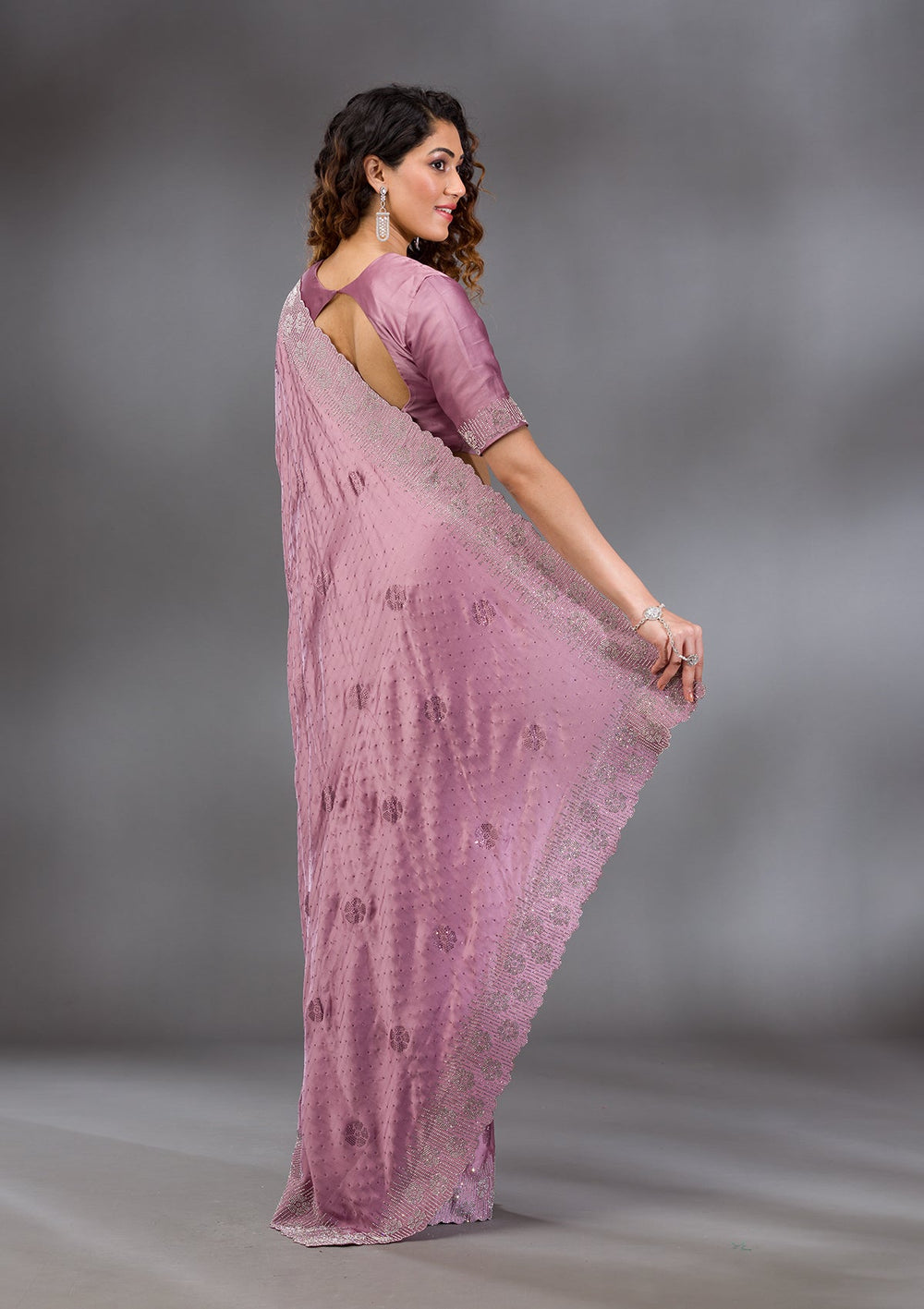 Onion Pink Swarovski Satin Saree-Koskii