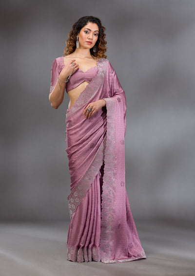 Onion Pink Swarovski Satin Saree-Koskii