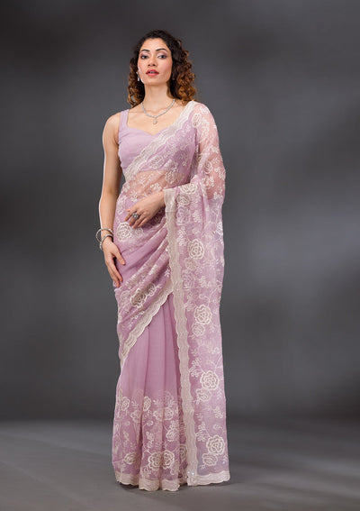 Onion Pink Threadwork Chiffon Saree-Koskii