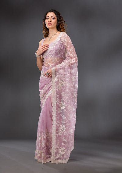 Onion Pink Threadwork Chiffon Saree-Koskii