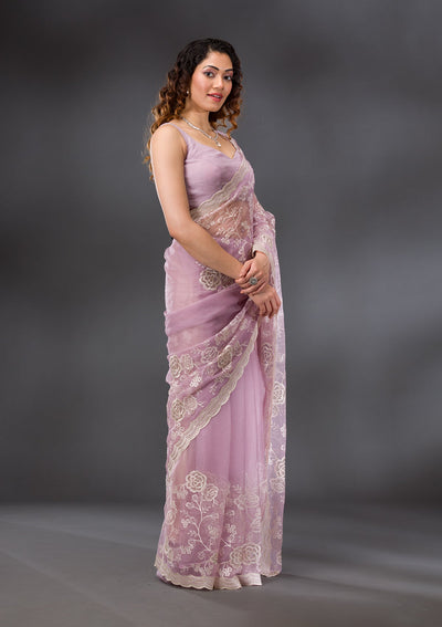 Onion Pink Threadwork Chiffon Saree-Koskii