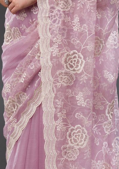 Onion Pink Threadwork Chiffon Saree-Koskii